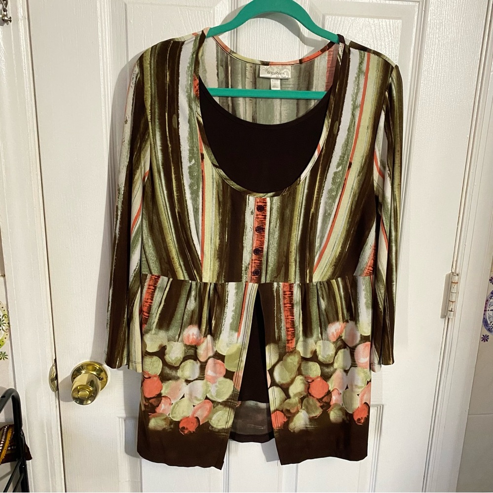Dressbarn-2X-Brown Olive Coral Empire Waist Cardigan 2FER Blouse Boho Office Top